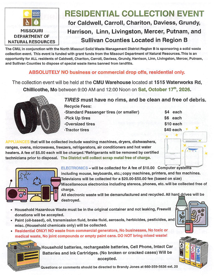 Residential Collection Event on Saturday, October seventeenth from 9am to Noon at the CMU Warehouse at 1515 Waterworks Rd, Chillicothe, MO